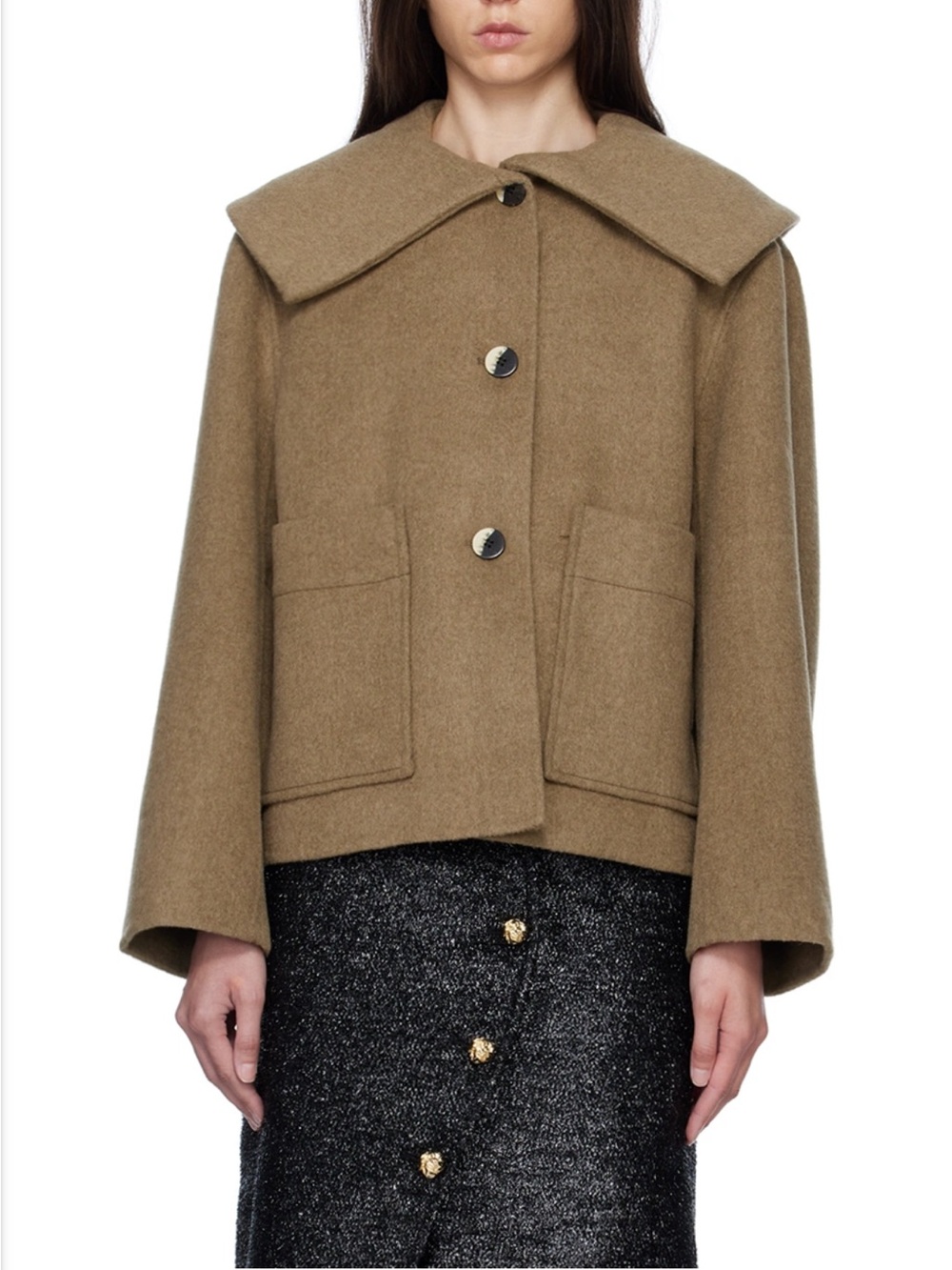 Ganni Camel Extended Collar Short Peacoat Coat